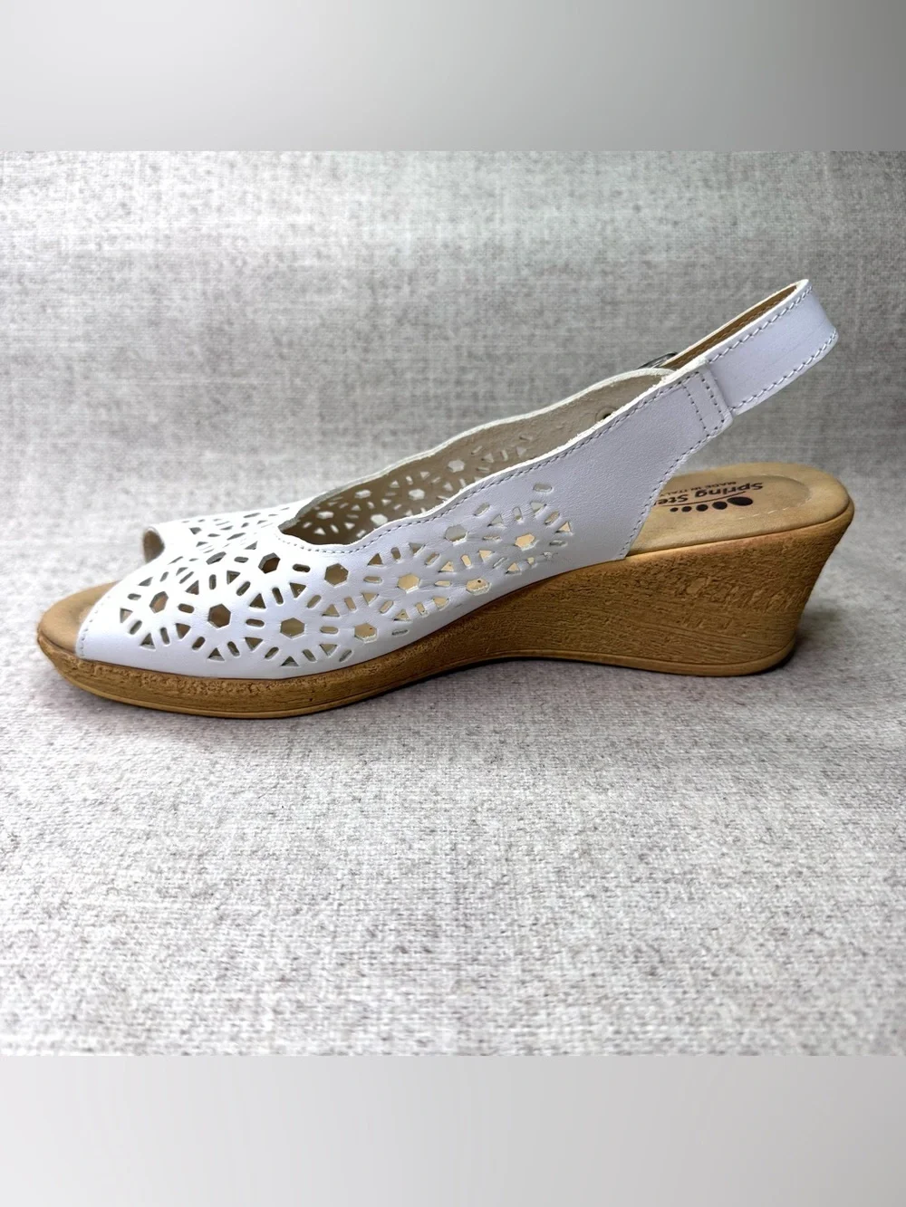 Spring Step Wedge Slingback Sandals white leather sz 9 peep toe design laser cut